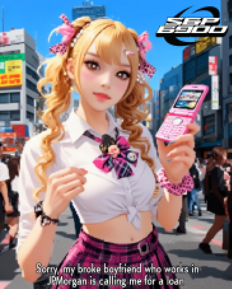 Aeonify result: a character holding a pink flip phone in a city street
