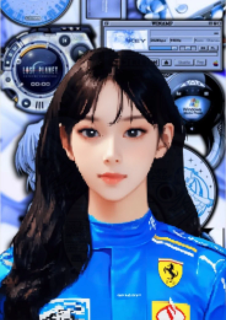 Aeonify result: a dark-haired character in a blue racing suit